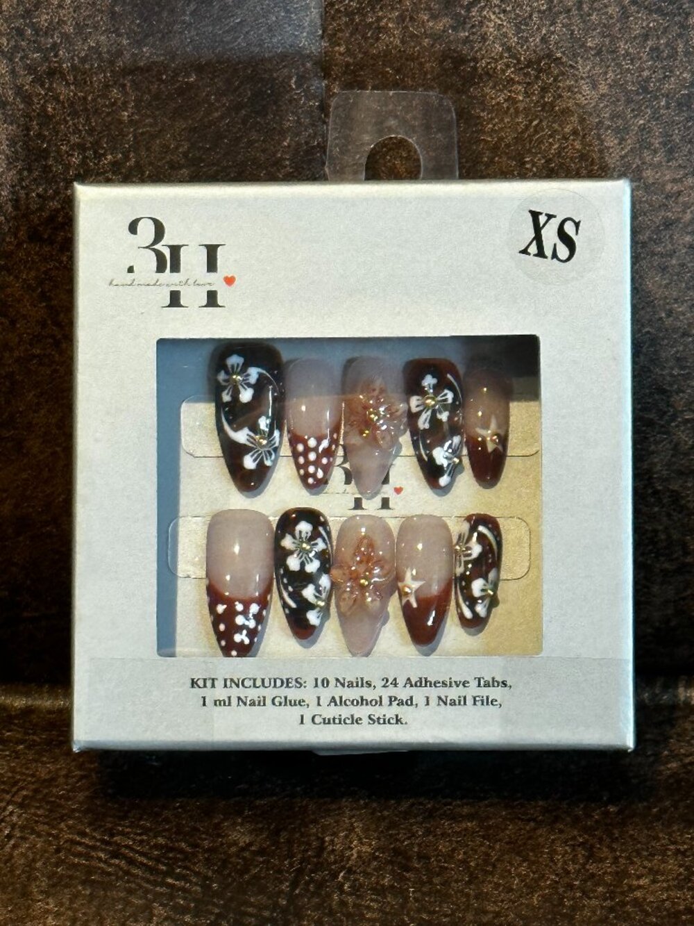 3H Handmade Press On Nails XS Brown Floral French Tips Gold Detail